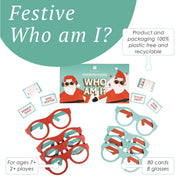 Contents of the Who Am I game box including glasses and cards on a white background.