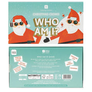 The front and bottom of the game box for a Christmas Crowd edition of Who Am I.  Box is teal colored with Santas' wearing sunglases on the front.