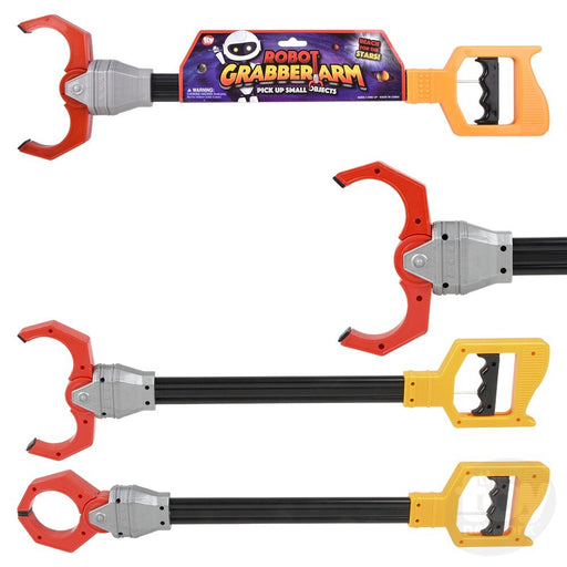 Robot Grabber Arm toy with red claws and orange handle shown in packaging and individual views