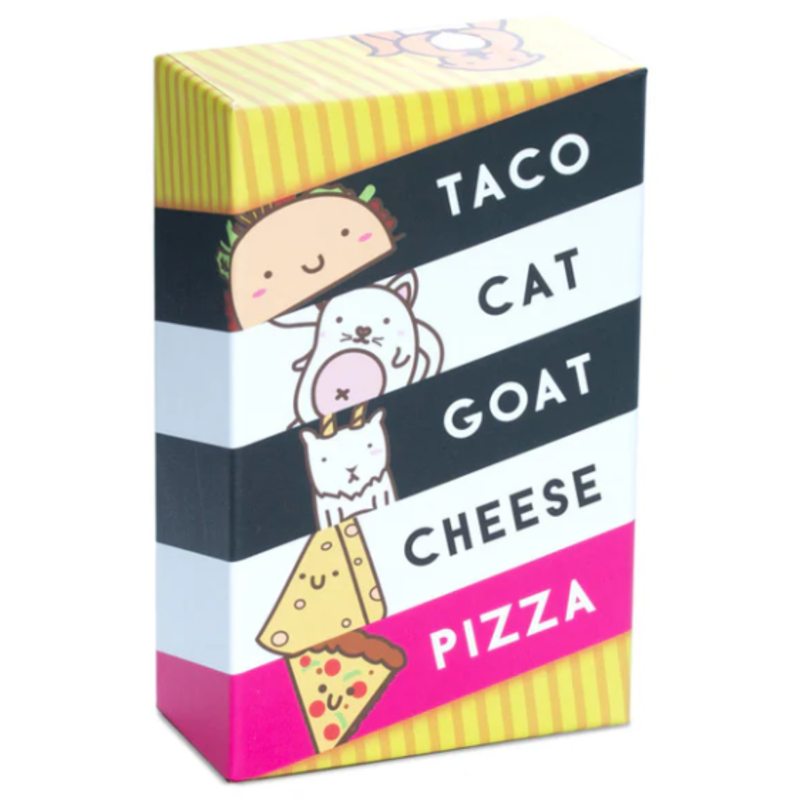 Box of 'Taco Cat Goat Cheese Pizza' with cartoon characters on a white background.