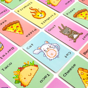 Colorful pixelated cards with various illustrations and text on a white background.