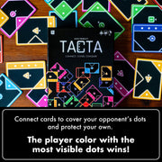 TACTA board game by Jason Tremblay showing colorful geometric cards and game box and insrtructions.