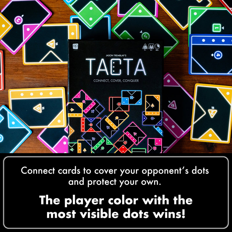 TACTA board game by Jason Tremblay showing colorful geometric cards and game box and insrtructions.