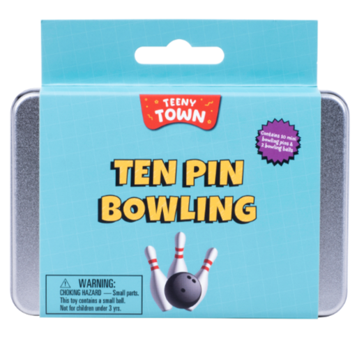Packaging of Teeny Town Ten Pin Bowling toy set with blue background and colorful text.
