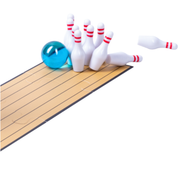 Bowling ball hitting pins on a white background.
