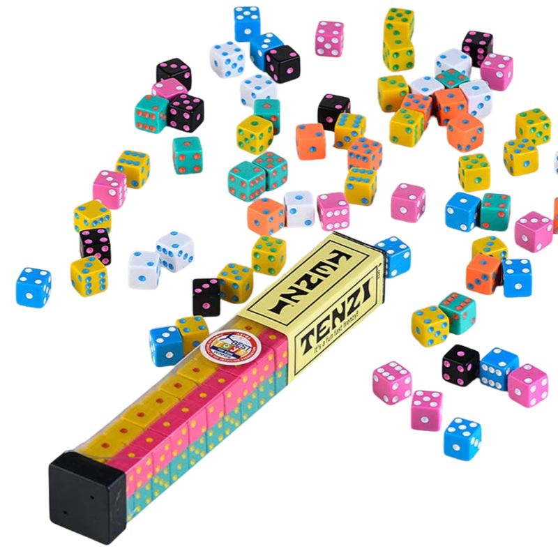 Tenzi dice game laying on its side with colorful dice and packaging on a white background.
