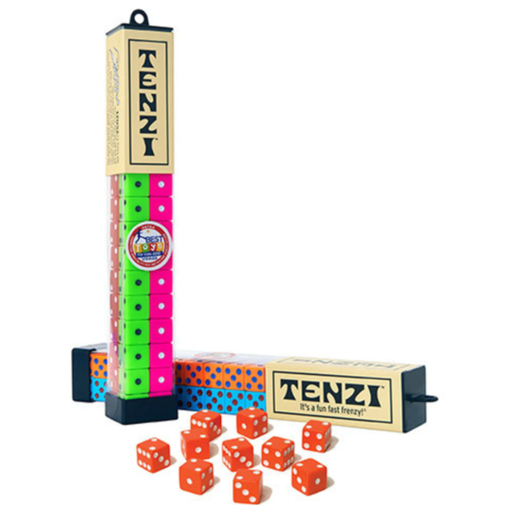 Tenzi dice game set with colorful dice and packaging on a white background.