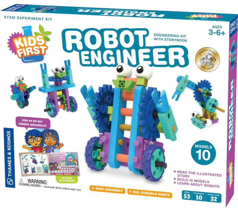 Thames & Kosmos Kids First Robot Engineer STEM Experiment Kit box, showing a colorful assembled robot model on the front of the retail packaging.