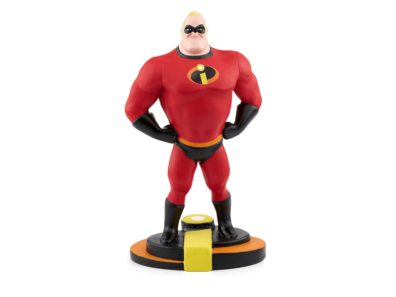 Mr. Incredible Tonie figure in red superhero suit on circular base with yellow cube