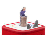 Tonie figure of witch character on red Toniebox with shark fins