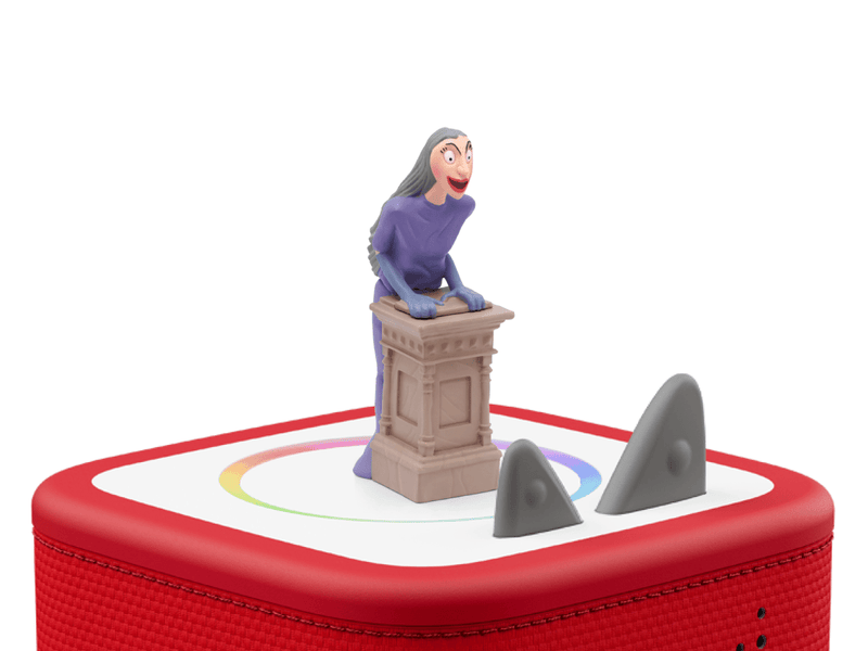 Tonie figure of witch character on red Toniebox with shark fins