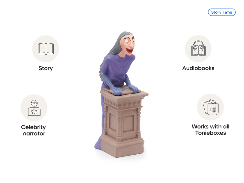 Tonie figure of witch character from Roald Dahl's The Witches on decorative pedestal