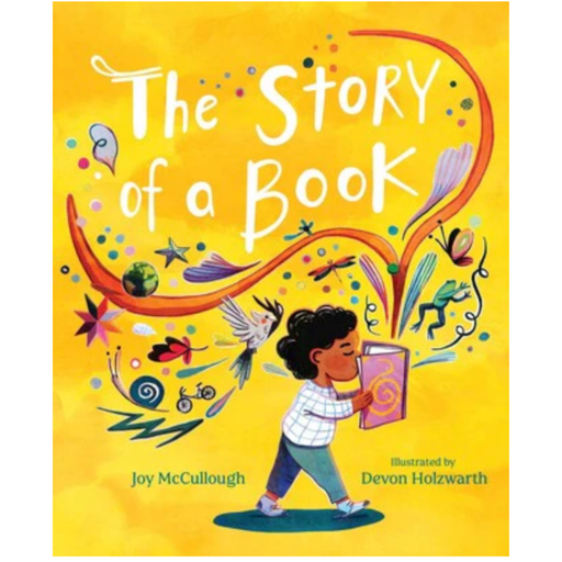 Book cover of 'The Story of a Book' with a child reading a book on a yellow background.