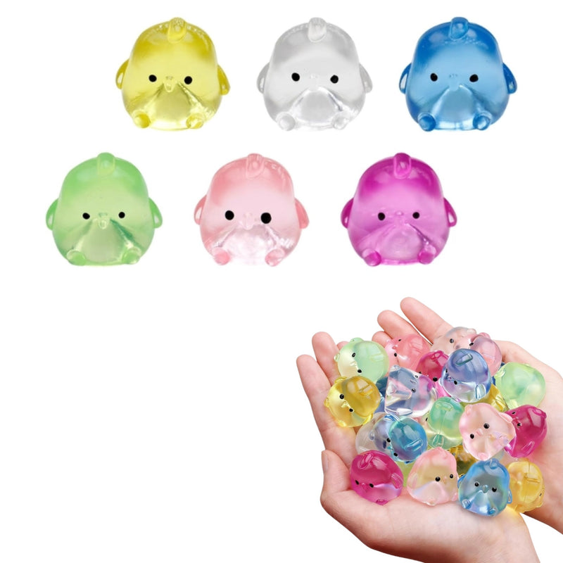 Six small translucent squishie chickens in yellow, white, blue, green, pink, and purple are shown above a pair of hands holding a pile of the same colorful chicken toys on a white background.