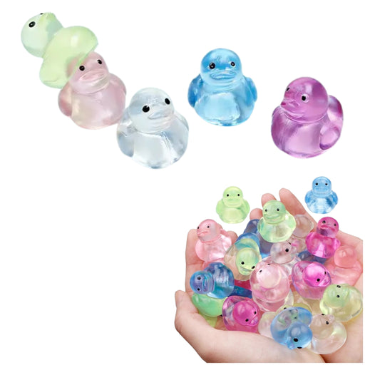 A set of translucent, squishy duckies in multiple pastel colors including pink, blue, green, and purple, shown individually and held in a person's hand to demonstrate their soft, squishy texture.