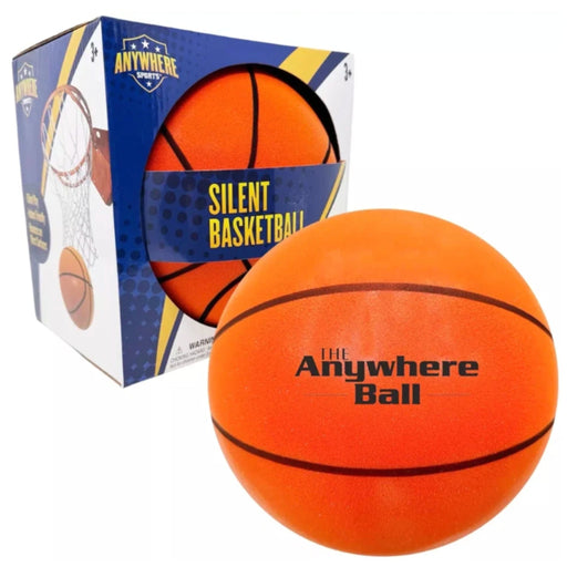 An orange basketball shown in front of its retail box. The ball has black lines and the text 'The Anywhere Ball' printed on it, and the box reads 'Silent Basketball' with the Anywhere Sports logo.