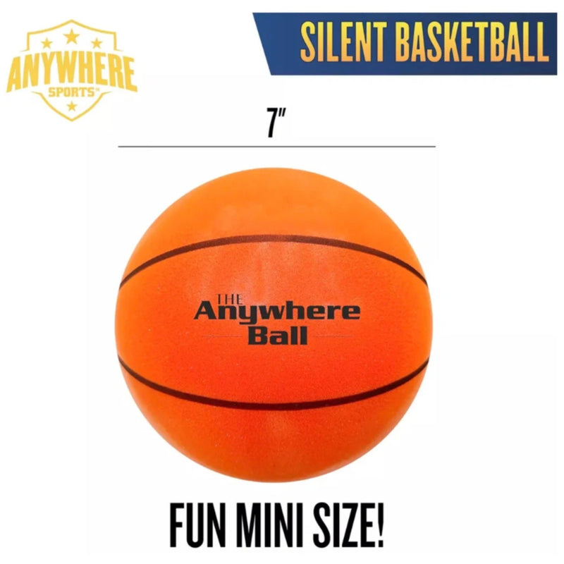 An orange mini basketball with black lines and 'The Anywhere Ball' printed on it, shown on a white background with '7"' above and 'FUN MINI SIZE!' below. A 'Anywhere Sports' logo appears in the top left, and 'SILENT BASKETBALL' appears in a blue banner at the top right.