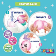 Instructional graphic for a balloon pop toy showing three steps: inflate, connect, and customize. The graphic features a bright turquoise background with white star patterns, three circular diagrams with hands demonstrating the steps, and colorful text badges indicating 'NO GLUE', 'NO HEAT', and 'NO MESS'.