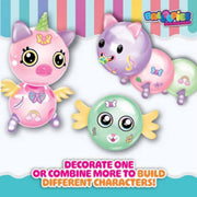 Three colorful cartoon toy characters from Ballobie's Balloon Babies are shown on a white background with pastel striped decoration and promotional text at the bottom.
