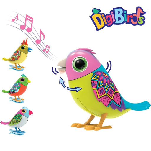 A colorful DigiBirds electronic bird toy shown on a white background, with the main bird in front and three smaller bird models on the left plus pink musical notes and the DigiBirds logo.