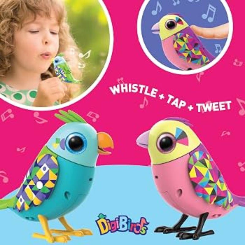 Two colorful DigiBird toy birds on a bright pink and blue background, with circular inset photos of a child whistling at one bird and another hand tapping the other. Text reads 'WHISTLE + TAP + TWEET' and the DigiBird logo appears at the bottom.