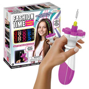 A hand holding a purple and white hair weaving tool next to its retail packaging box on a white background. The box is labeled 'FASHION TIME' and 'Locksy Locks' by 'THINART'.