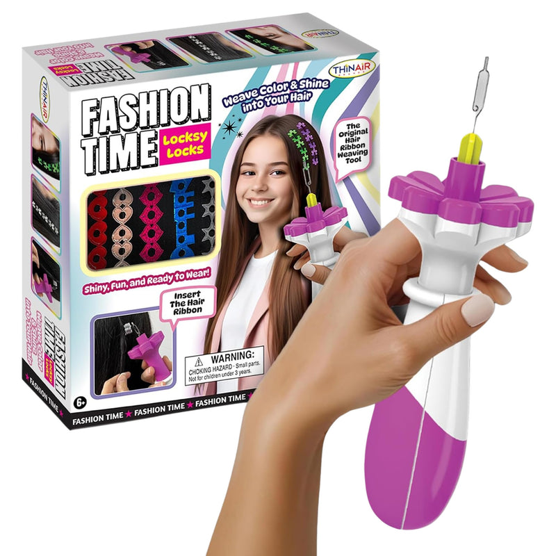 A hand holding a purple and white hair weaving tool next to its retail packaging box on a white background. The box is labeled 'FASHION TIME' and 'Locksy Locks' by 'THINART'.