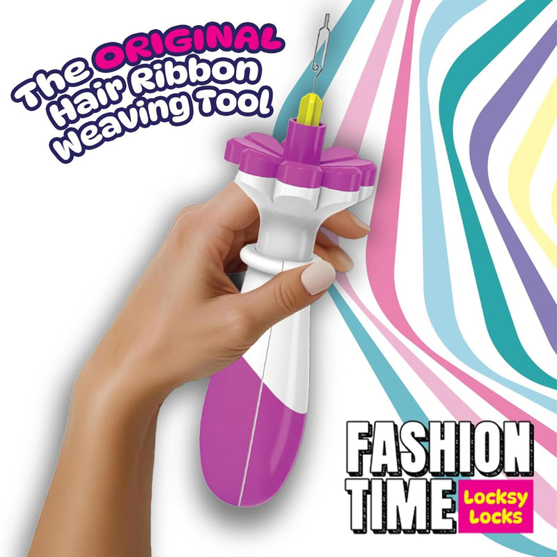 Hair ribbon weaving tool held by a hand with colorful ribbons in the background, branded 'Fashion Time Locksy Locks'.