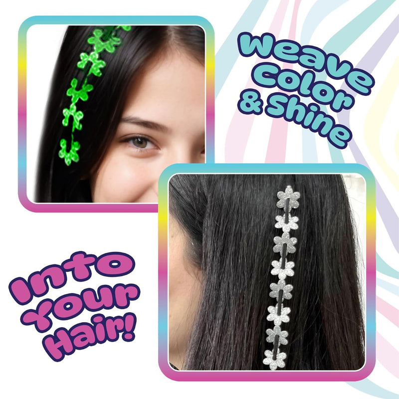 Promotional graphic showing two inset photos of a person wearing a decorative hair accessory. The top inset shows a dark brown hair with a green clover-shaped hair clip, and the bottom inset shows a dark brown hair with a silver clover-shaped hair clip.
