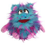A fuzzy monster plush puppet with bright turquoise blue fur, pink and purple streaks, large white eyes, and a red mouth, isolated on a white background.