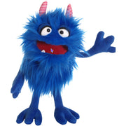 A blue furry monster plush toy with red and white striped horns, large white eyes, a red mouth, and one raised waving arm, isolated on a white background.