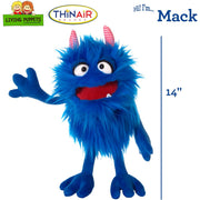 Blue furry monster puppet character named Mack with pink striped horns, shown waving on a white background with ThinaAir Brands logo, 'Hi I'm.