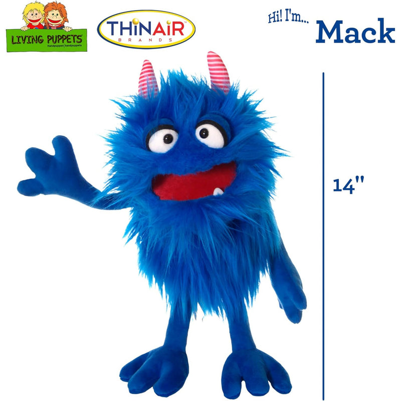 Blue furry monster puppet character named Mack with pink striped horns, shown waving on a white background with ThinaAir Brands logo, 'Hi I'm.