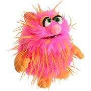 A plush monster toy with bright pink fur, orange spiky hair and feet, green eyes, and a pink nose, isolated on a white background.