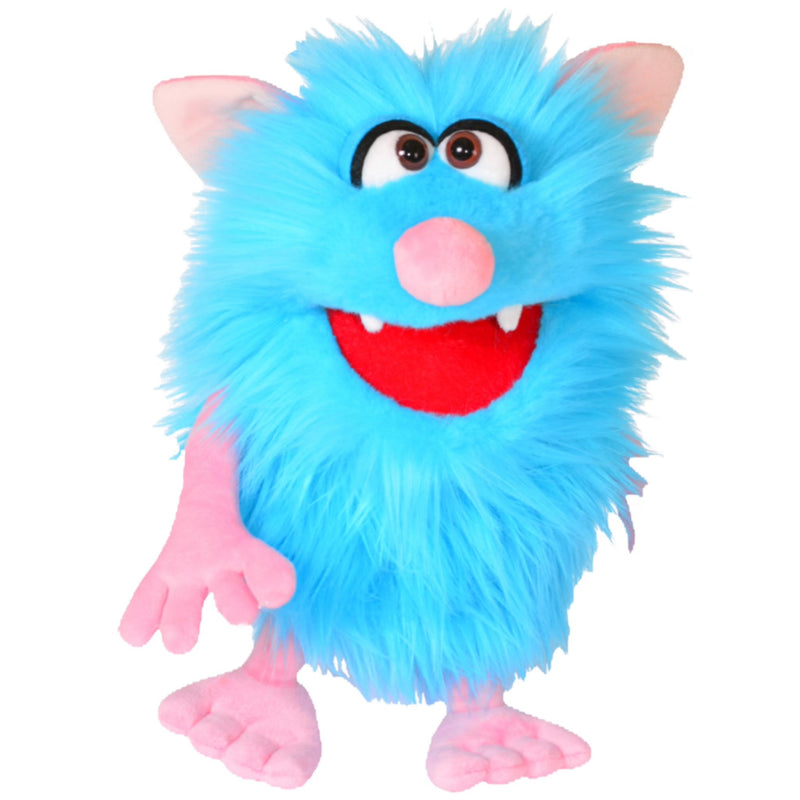 A blue furry monster plush puppet with pink ears, pink hands and feet, a pink nose, and a red mouth, shown against a plain white background.