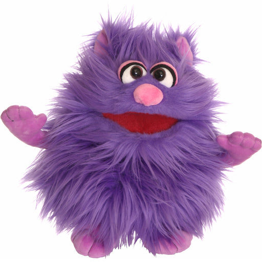 Purple plush puppet with a pink nose and feet on a white background.