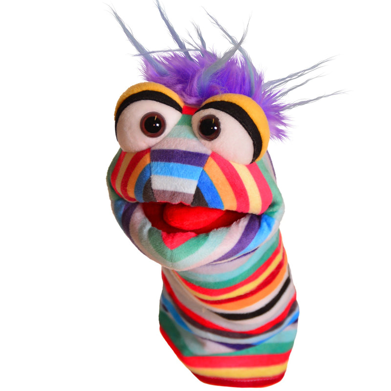 Colorful striped sock puppet names Pocky on a white background.
