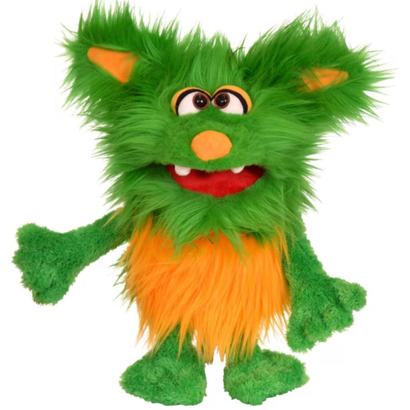 A green and yellow furry puppet with big eyes and a smile on a white background.