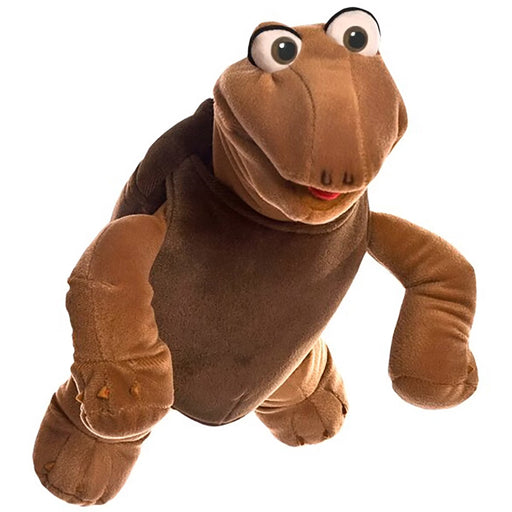 A plush turtle toy with a brown body, darker brown shell, large cartoon eyes, and a small red mouth, isolated on a white background.