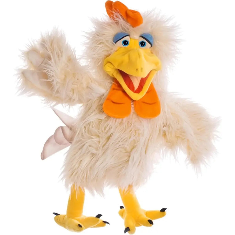 A fluffy chicken puppet or plush toy with cream-colored shaggy feathers, a bright yellow beak and feet, and orange accents on the comb, wattle, and bow tie, shown against a plain white background.