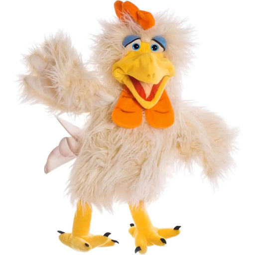 A fluffy chicken puppet or plush toy with cream-colored shaggy feathers, a bright yellow beak and feet, and orange accents on the comb, wattle, and bow tie, shown against a plain white background.