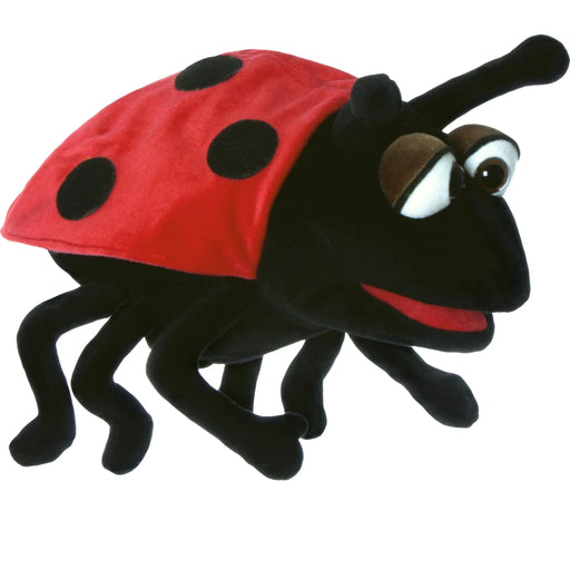 A plush ladybug puppet with a red body, black spots, a black head and legs, and large cartoon eyes, shown on a plain white background.