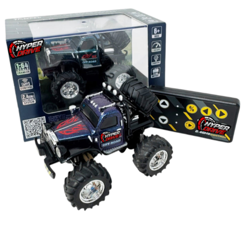 A remote-controlled mini monster truck toy shown with its packaging box and matching black remote control on a plain white background. The truck is dark blue with red and white graphics, large black off-road tires, and the box and remote both display the Hyper Drive branding.