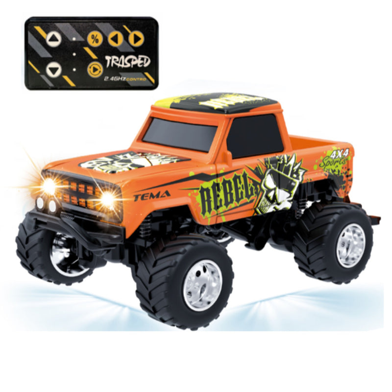 Orange TEMA Rebels mini remote control monster truck with a matching wireless controller shown in the top left corner, set against a white background with a light blue ground effect.