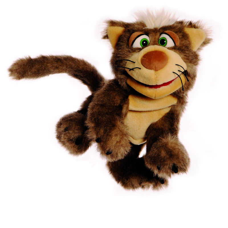 A brown and beige plush puppet cat with green eyes, a red smile, and black whiskers, shown against a plain white background.