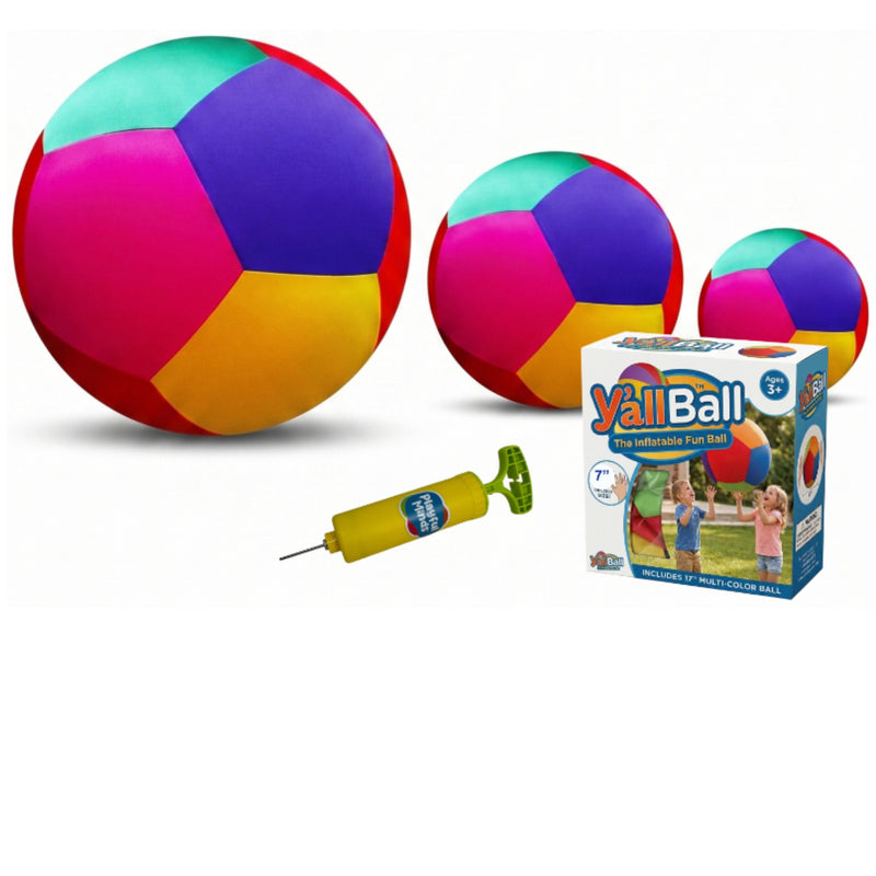 Three inflatable balls in different sizes with a yellow hand pump and the product box labeled 'Y'al lBall' on a white background.