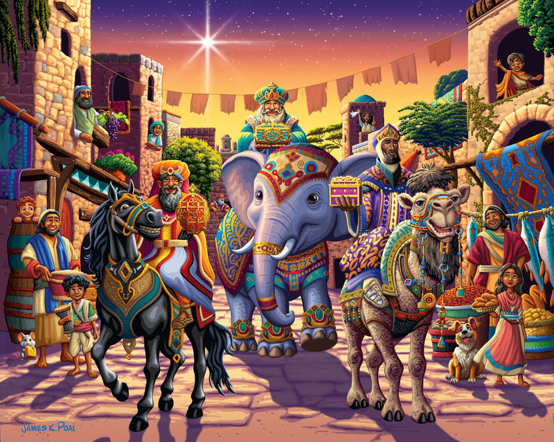 Three Wise Men puzzle artwork showing Magi riding horse, elephant, and camel under bright star