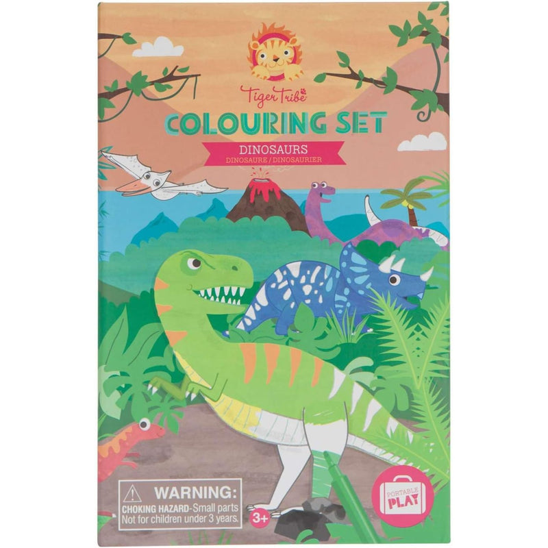 Tiger Tribe dinosaur coloring set package with colorful prehistoric scene illustration.