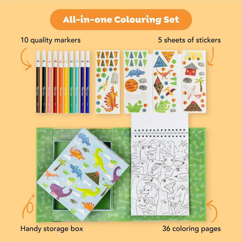 Tiger Tribe dinosaur coloring set contents showing markers, stickers, storage and coloring pages.