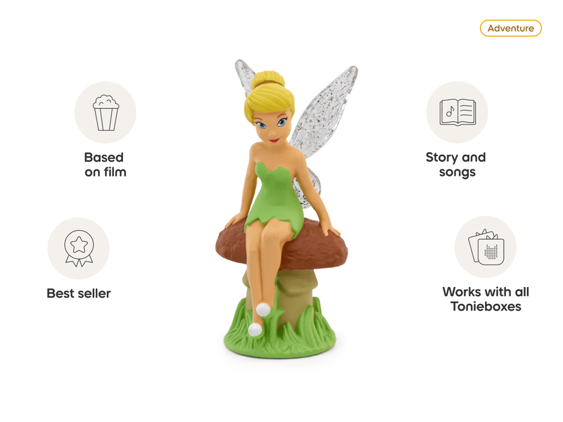 Tonie Disney TinkerBell figurine on mushroom with wings and green dress showing product features